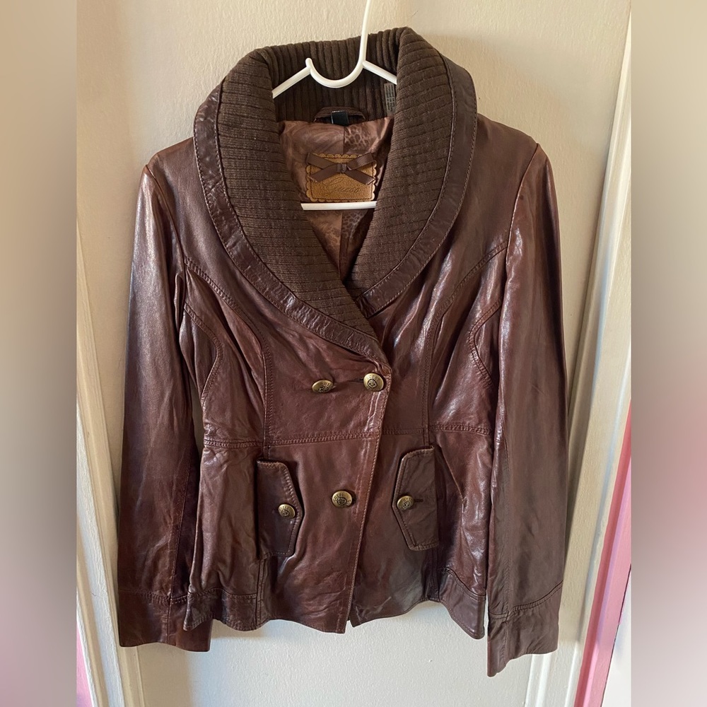 Guess Brown Leather Jacket with Fabric Collar and Gold Tone Hardware